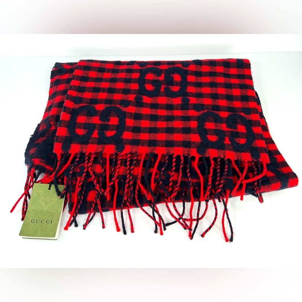 Gucci 644365 Red Blue Wool Jacquard Check GG Diamcheck Logo UNISEX Fringe Scarf - Picture 2 of 12